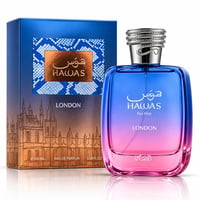 RASASI Hawas London by Rasasi 100ml EDP — Blue and pink gradient glass bottle with silver snake-like cap, next to its blue and gold patterned box featuring London skyline illustration.