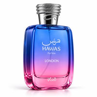 RASASI Hawas London by Rasasi 100ml EDP — A square glass perfume bottle with a blue-to-pink gradient, featuring white text 'HAWAS For Him LONDON' and Arabic script, topped with a silver snake-like cap.