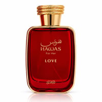 RASASI Hawas Love For Her by Rasasi — Red glass perfume bottle with gold accents and cap, featuring Arabic and English text.