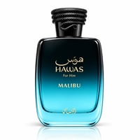 RASASI Hawas Malibu by Rasasi 100ml EDP — A square glass perfume bottle with a gradient blue to black finish, featuring gold Arabic and English text. The cap is black and textured like a coiled snake.