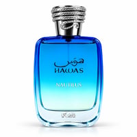 RASASI Hawas Nautilus by Rasasi 100ml EDP — Blue gradient glass bottle with a textured silver cap, featuring Arabic script and 'HAWAS NAUTILUS' text.
