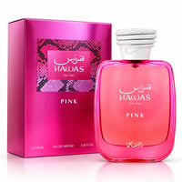 RASASI Hawas Pink by Rasasi 100ml EDP — Pink metallic box with snake print detail next to a pink glass perfume bottle with a white rope-like cap, on a white background.