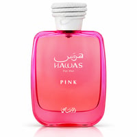 RASASI Hawas Pink by Rasasi 100ml EDP — A bright pink glass perfume bottle with a white braided cap, featuring Arabic and English text.