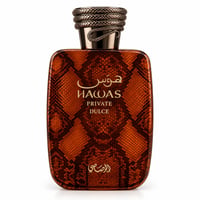 RASASI Hawas Private Dulce by Rasasi 100ml EDP — Botol corak kulit ular coklat dengan tulisan Arab emas dan teks 'HAWAS PRIVATE DULCE', bertudung penutup ular melingkar.