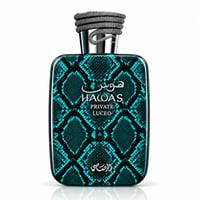 RASASI Hawas Private Luceo by Rasasi 100ml EDP — Botol corak kulit ular teal dengan penutup ular perak melingkar, tulisan putih.