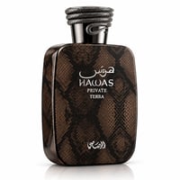 RASASI Hawas Private Terra oleh Rasasi 100ml EDP — Botol coklat corak kulit ular dengan penutup ular perak melingkar, teks putih 'HAWAS PRIVATE TERRA' dan tulisan Arab