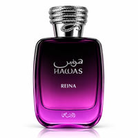 RASASI Hawas Reina by Rasasi 100ml EDP — Square purple gradient glass bottle with ornate silver snake-like cap, featuring Arabic and English text.