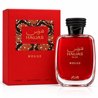 RASASI Hawas Rouge by Rasasi 100ml EDP — Red perfume bottle and matching red box with intricate patterned square on the front, set against a white background.