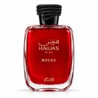 RASASI Hawas Rouge by Rasasi 100ml EDP — A red glass perfume bottle with a black braided cap, featuring gold Arabic and English text 'HAWAS ROUGE For Her'.