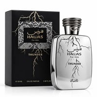 RASASI Hawas Thunder by Rasasi 100ml EDP — Silver bottle with black lightning design and matching black box with gold lightning accents, presented together on a white background.