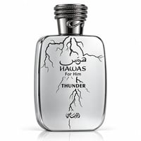 RASASI Hawas Thunder by Rasasi 100ml EDP — White bottle with black lightning bolt design and snake-wrapped silver cap.