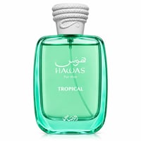 RASASI Hawas Tropical by Rasasi 100ml EDP — Botol kaca hijau dengan penutup bertekstur putih, memaparkan tulisan Arab dan teks "HAWAS Tropical for Him".