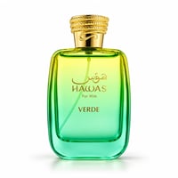 RASASI Hawas Verde by Rasasi 100ml EDP — Green and yellow gradient glass bottle with gold textured cap, "HAWAS For Him VERDE" text in gold.