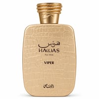 RASASI Hawas Viper by Rasasi 100ml EDP — Gold textured bottle with Arabic and English text, featuring 'HAWAS For Him VIPER' and a coiled snake cap.