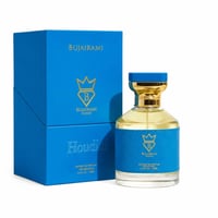 Bujairami Houdini by Bujairami 100ml Extrait — Blue box and glass perfume bottle with gold accents and blue label, featuring the Bujairami logo.