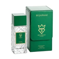 Bujairami Ibiza by Bujairami 100ml Extrait de Parfum — Clear faceted glass bottle with green cap and gold emblem, next to a matching green presentation box with gold emblem and text.