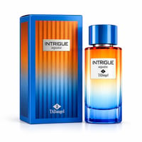 TADangel Intrigue Aquatic by TadAngel 100ml EDP Unisex — Botol minyak wangi dan kotak sepadan dengan gradien biru dan jingga, kedua-duanya mempunyai corak berjalur menegak dan label putih dengan teks perak.