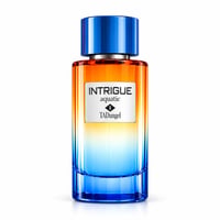 TADangel Intrigue Aquatic oleh TadAngel 100ml EDP Unisex — Botol minyak wangi kaca jernih bertudung biru, dengan warna gradien jingga, kuning, dan biru. Label tertulis 'INTRIGUE aquatic TADangel'.