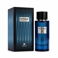 TADangel Intrigue Pour Homme — Blue glass perfume bottle and matching black box with blue vertical stripes, silver label with black text.