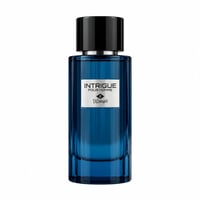 TADangel Intrigue Pour Homme by TADangel 100ml EDP Men — Blue glass perfume bottle with a black cap, white label featuring 'INTRIGUE POUR HOMME' and a small emblem, set against a white background.