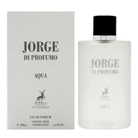 Maison Alhambra Jorge Di Profumo Aqua — A white box and a frosted glass perfume bottle with a black cap, both featuring silver text and a deer logo. | Maison Alhambra Jorge Di Profumo Aqua — Kotak putih dan botol minyak wangi kaca beku dengan penutup hitam, kedua-duanya menampilkan teks perak dan logo rusa.