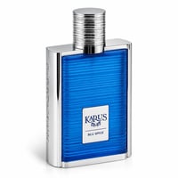 Khadlaj Karus Blu Spice by Khadlaj 100ml EDP Men — Rectangular glass perfume bottle with textured blue front panel and silver ribbed cap, white label with blue text.