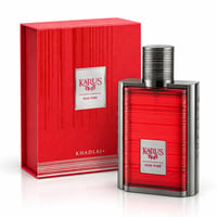 Karus Oud Fire by Khadlaj — Red textured box and glass perfume bottle with silver ribbed cap and metallic accents, featuring a silver label with red text.