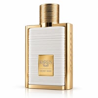 Khadlaj Karus Secret Musk EDP Unisex — A rectangular gold and white perfume bottle with a ribbed white body and gold accents. The cap is ribbed gold.