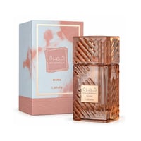 Lattafa Khamrah Mira — A rose gold textured glass perfume bottle and its matching marble-patterned box, displayed side-by-side on a white background.