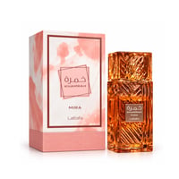 Lattafa Khamrah Mira — Orange glass perfume bottle and matching box with pink marble design, set against a white background.