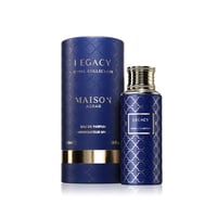 Maison Asrar Legacy by Maison Asrar 100ml EDP Unisex — Blue cylindrical box and matching perfume bottle with gold accents and intricate pattern, against a white background.