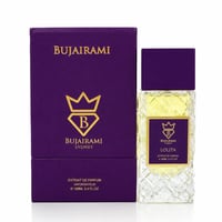 Bujairami Lolita Fruity Woody 100ml Extrait — Purple box and clear faceted glass perfume bottle with yellow liquid, gold crown logo