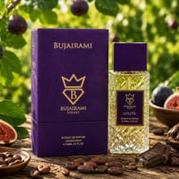 Bujairami Lolita Fruity Woody 100ml Extrait — Purple box and glass bottle with gold accents, surrounded by figs, cocoa beans, and chocolate on a wooden surface with a leafy green background.
