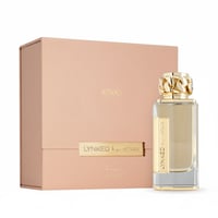 Afnan Lynked Forever by Afnan — A pink box with gold lettering sits next to a clear perfume bottle with a gold chain-link cap and a gold label.