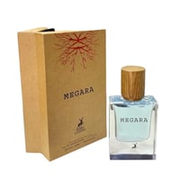 Maison Alhambra Megara 50ml — A brown cardboard box with red tree branch design and the name MEGARA printed on it, stands next to a clear glass perfume bottle with a wooden cap and the name MEGARA printed on the front. | Maison Alhambra Megara 50ml — Kotak kadbod coklat dengan rekaan dahan pokok merah dan nama MEGARA