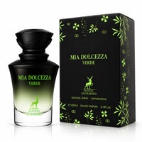 Maison Alhambra Mia Dolcezza Verde — Kotak hitam dengan motif daun hijau dan rusa di sebelah botol minyak wangi kaca hijau gradien dan jernih dengan penutup hitam dan lambang rusa.