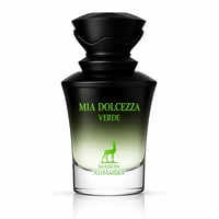 Maison Alhambra Mia Dolcezza Verde — Botol minyak wangi kaca gradien hitam dan hijau dengan penutup hitam berfaset, menampilkan siluet rusa hijau dan teks.