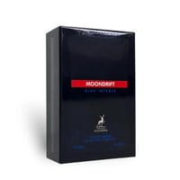 Maison Alhambra Moondrift Blue Intense — Kotak minyak wangi biru gelap berkilat dengan jalur merah bertulis 'MOON DRIFT BLUE INTENSE', logo rusa dan tulisan 'MAISON ALHAMBRA'
