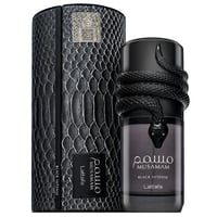 Lattafa Musamam Black Intense 100ml by Lattafa — Black perfume bottle with a black snake coiled around the neck, next to a textured black cylindrical box with a QR code sticker. | Lattafa Musamam Black Intense 100ml by Lattafa — Botol minyak wangi hitam dengan ular hitam melilit lehernya, bersebelahan dengan kotak