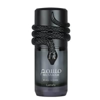 Lattafa Musamam Black Intense 100ml by Lattafa — A black perfume bottle with a coiled black snake wrapped around it, its head resting on the bottle's neck. | Lattafa Musamam Black Intense 100ml by Lattafa — Botol minyak wangi hitam dengan ular hitam melingkar di sekelilingnya, kepalanya diletakkan di leher botol.