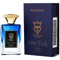 Bujairami New York Eau de Parfum — Blue gradient glass bottle with gold cap, alongside its navy blue box with gold lettering and barcode.