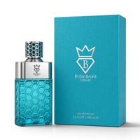Bujairami No Limit by Bujairami 100ml EDP Unisex — A turquoise glass perfume bottle with a honeycomb pattern and a silver cap sits next to its matching turquoise box, both featuring a diamond logo with a crown and the brand name. | Bujairami No Limit by Bujairami 100ml EDP Unisex — Botol minyak wangi kaca biru