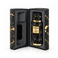 Armaf Old Money by Armaf 100ml EDP Unisex — Black textured bottle with gold accents, presented in an open, black marble-patterned box with gold veining and grey interior.