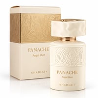 Khadlaj Panache Angel Dust — Cream bottle with embossed floral design and gold accents, next to its matching cream and gold box with embossed floral pattern.