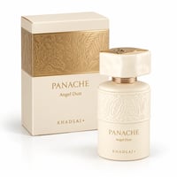 Khadlaj Panache Angel Dust — Cream bottle with embossed floral design and gold accents, next to its matching cream box with gold embossed floral pattern.