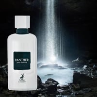 Maison Alhambra Panther Pour Homme — A white perfume bottle with a black label sits in front of a dark cave with a waterfall cascading down | Maison Alhambra Panther Pour Homme — Sebotol minyak wangi putih dengan label hitam terletak di hadapan gua gelap dengan air terjun mengalir turun