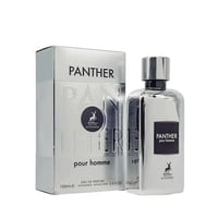 Maison Alhambra Panther Pour Homme — A silver-toned perfume bottle and its matching box are displayed against a white background. The box has the word "PANTHER" in large letters and a circular logo with a deer. The bottle is also silver and has a black label with "PANTHER pour homme". | Maison Alhambra Panther Pour