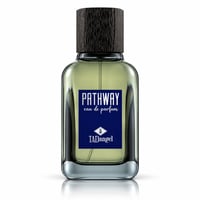 TADangel Pathway by Tad Angel 100ml EDP Men — Botol kaca jernih berisi cecair hijau, penutup kayu gelap bertekstur, dan label biru navy dengan tulisan putih 'PATHWAY eau de parfum TADangel'.
