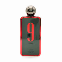Afnan 9 PM Rebel by Afnan EDP 100 ml Men — Rectangular glass bottle with red trim, dark gray label, large red '9', and