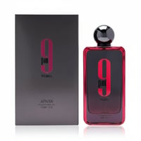 Afnan 9 PM Rebel EDP 100 ml Men — A dark grey box and a red-bordered glass bottle with a black cap, both featuring a large